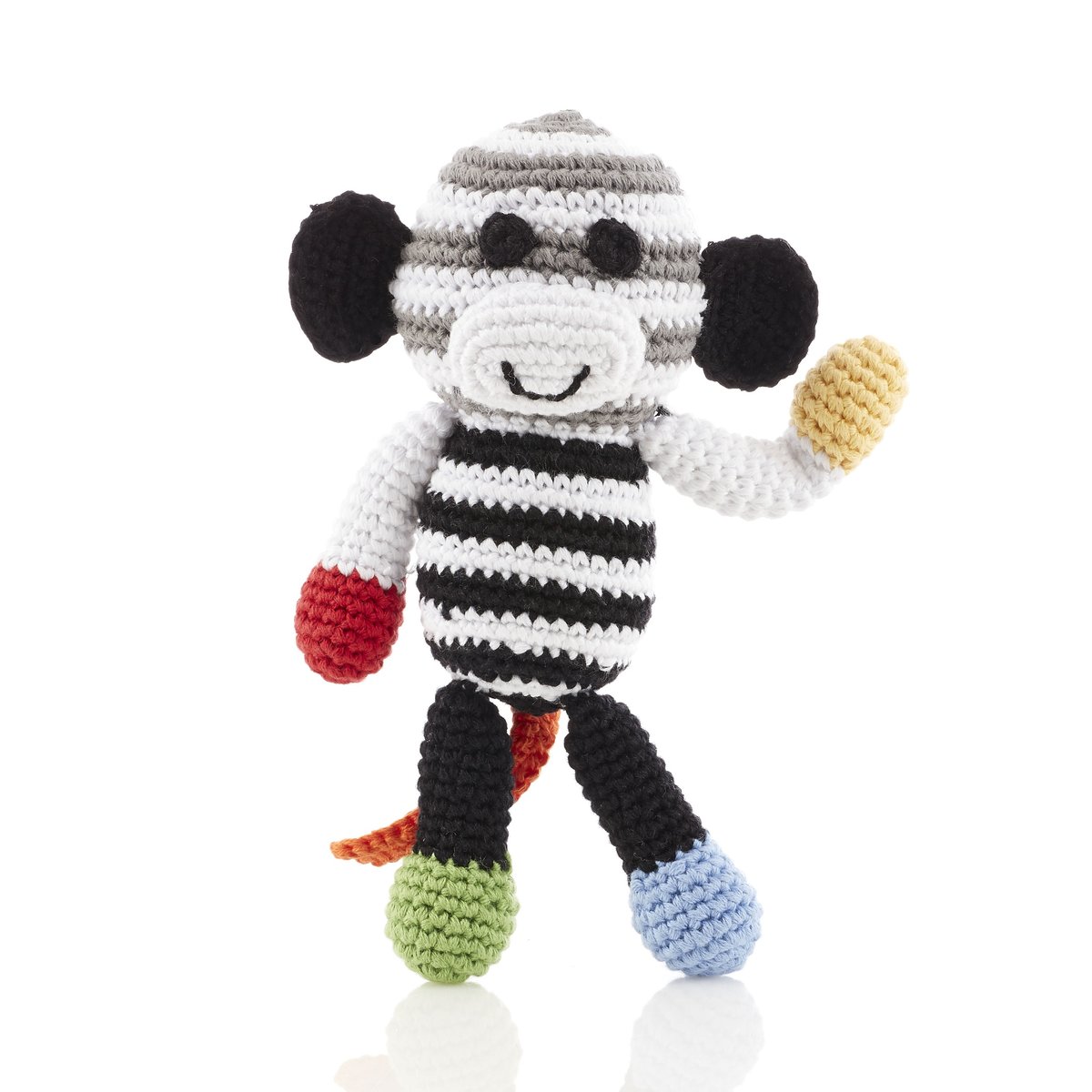 Black & white stripe monkey baby rattle with red, yellow hands and blue and green feet